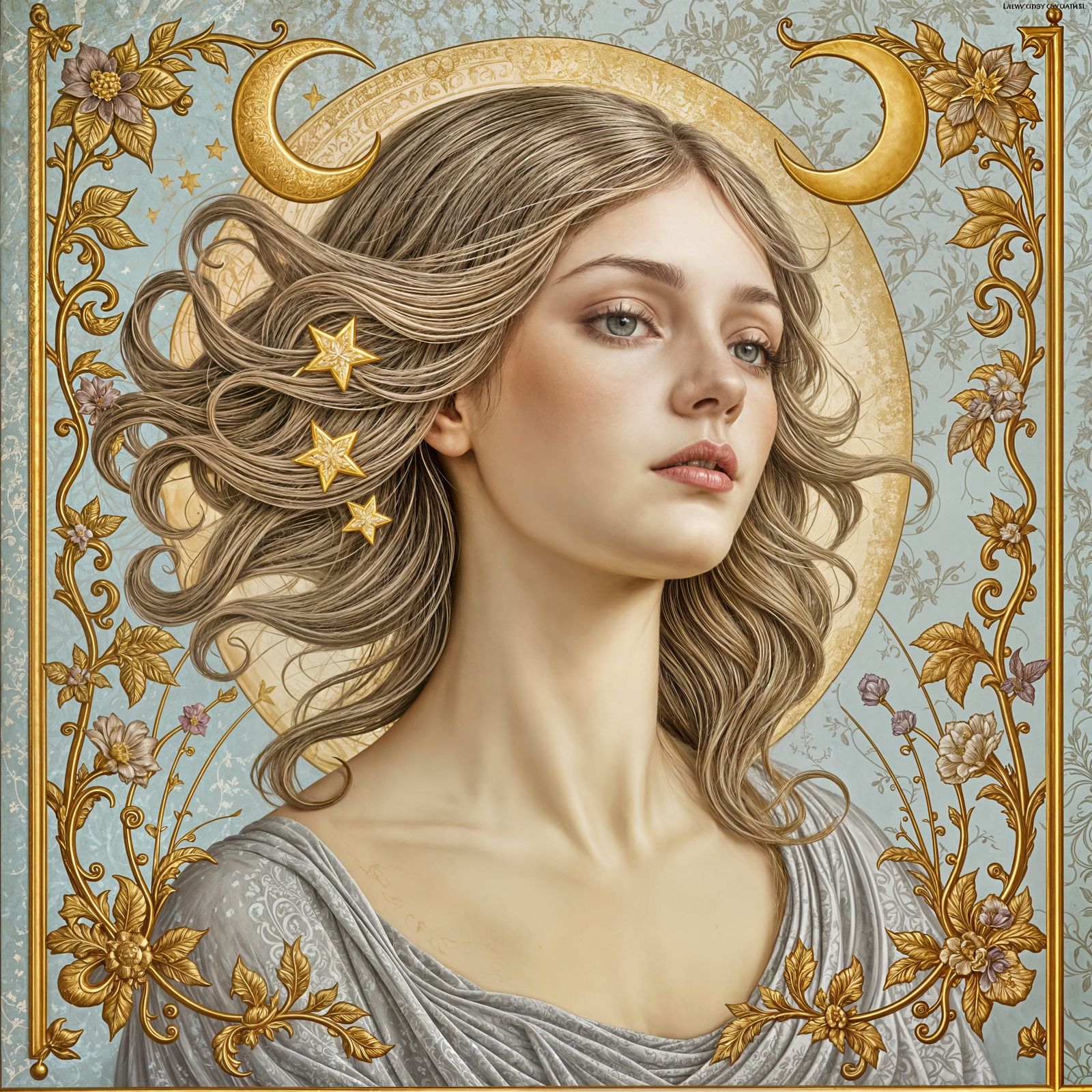 Celestial Portrait in Art Nouveau Fresco Technique