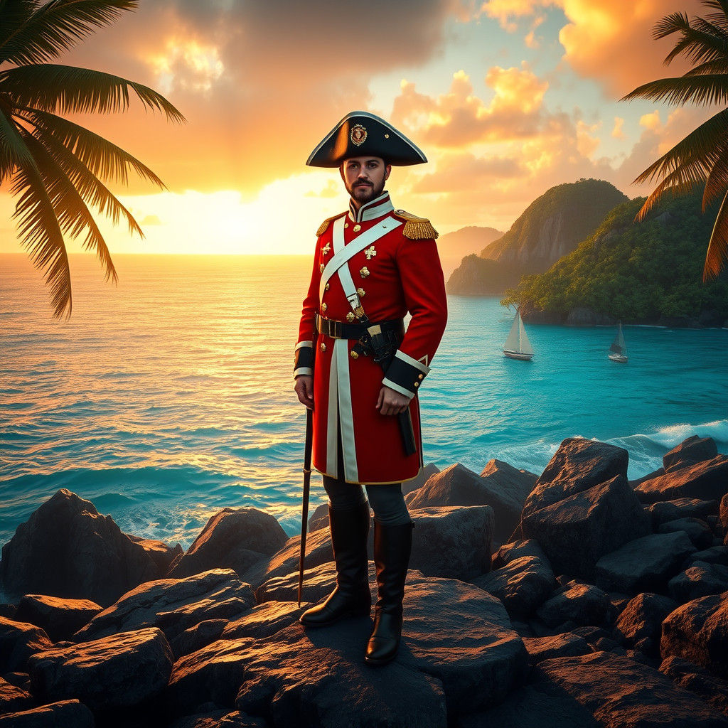 English Colonial Soldier on Caribbean Shore in Golden Light