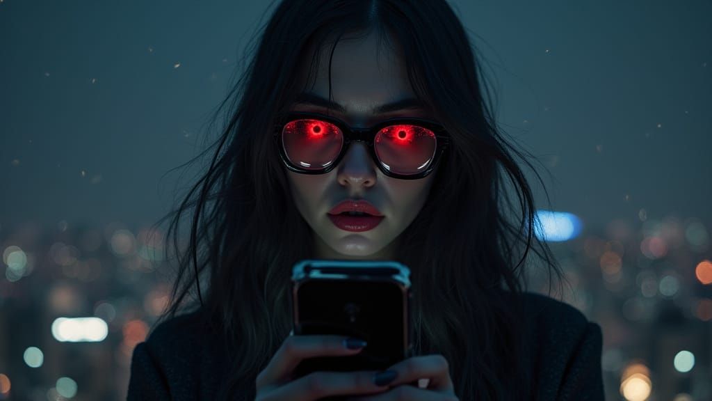 Eerie Woman with Glowing Lenses in Cyberpunk Cityscape