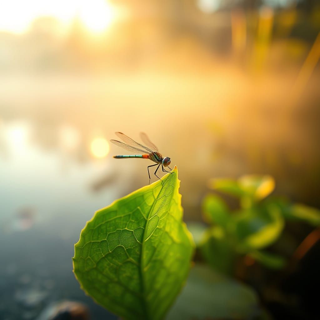Serene Dragonfly on Tranquil Pond in Golden Light