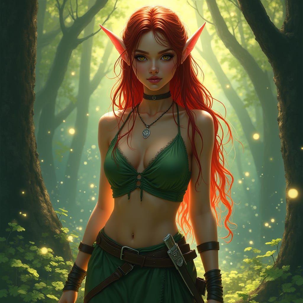 Elegant Elven Ranger in Magical Forest