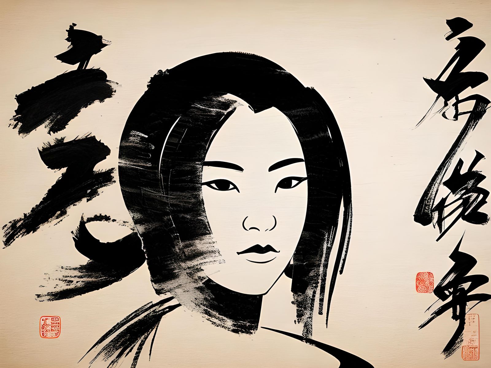 Elegant Abstract Brushstroke of a Woman in Japanese Style