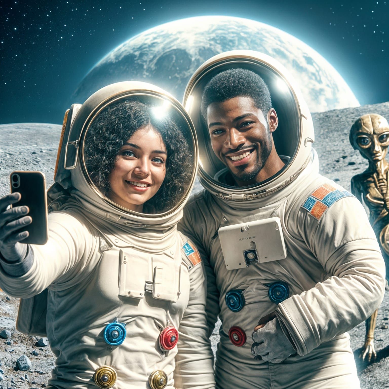Astronauts Meet Alien on the Moon: A NASA-Style Portrait