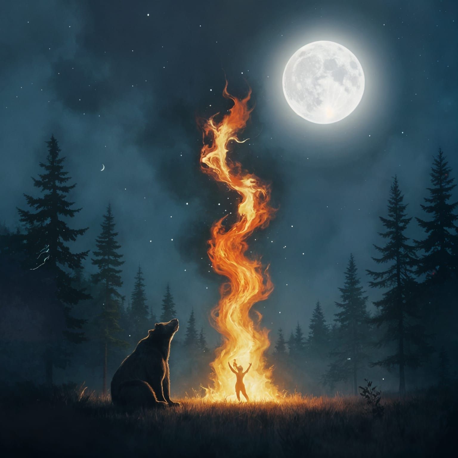 Solitary Bear Gazing at Fiery Moonlit Ascent