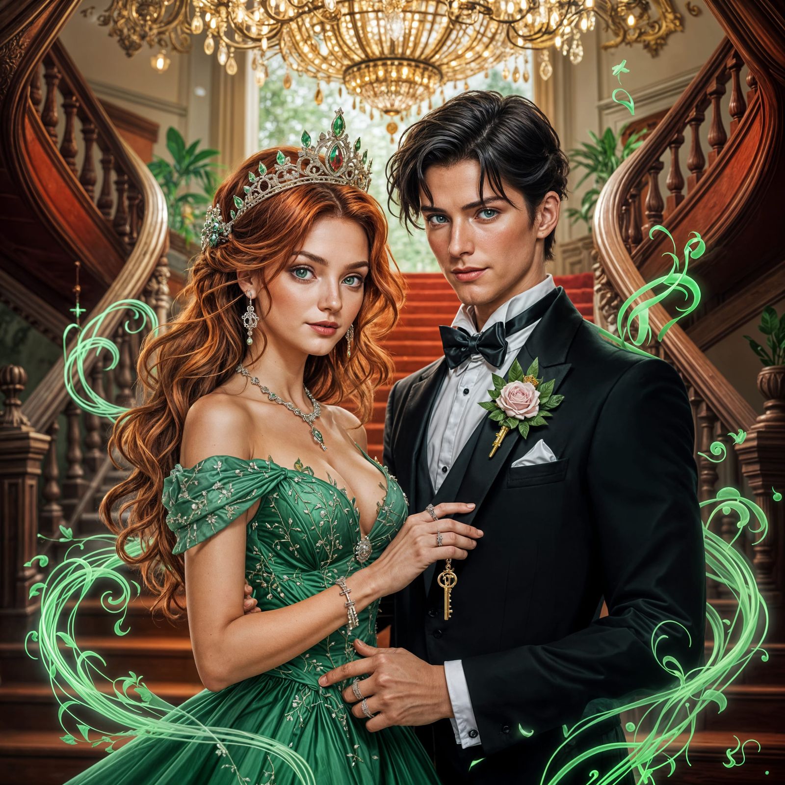 Woman with Crown and Magic on Red Staircase