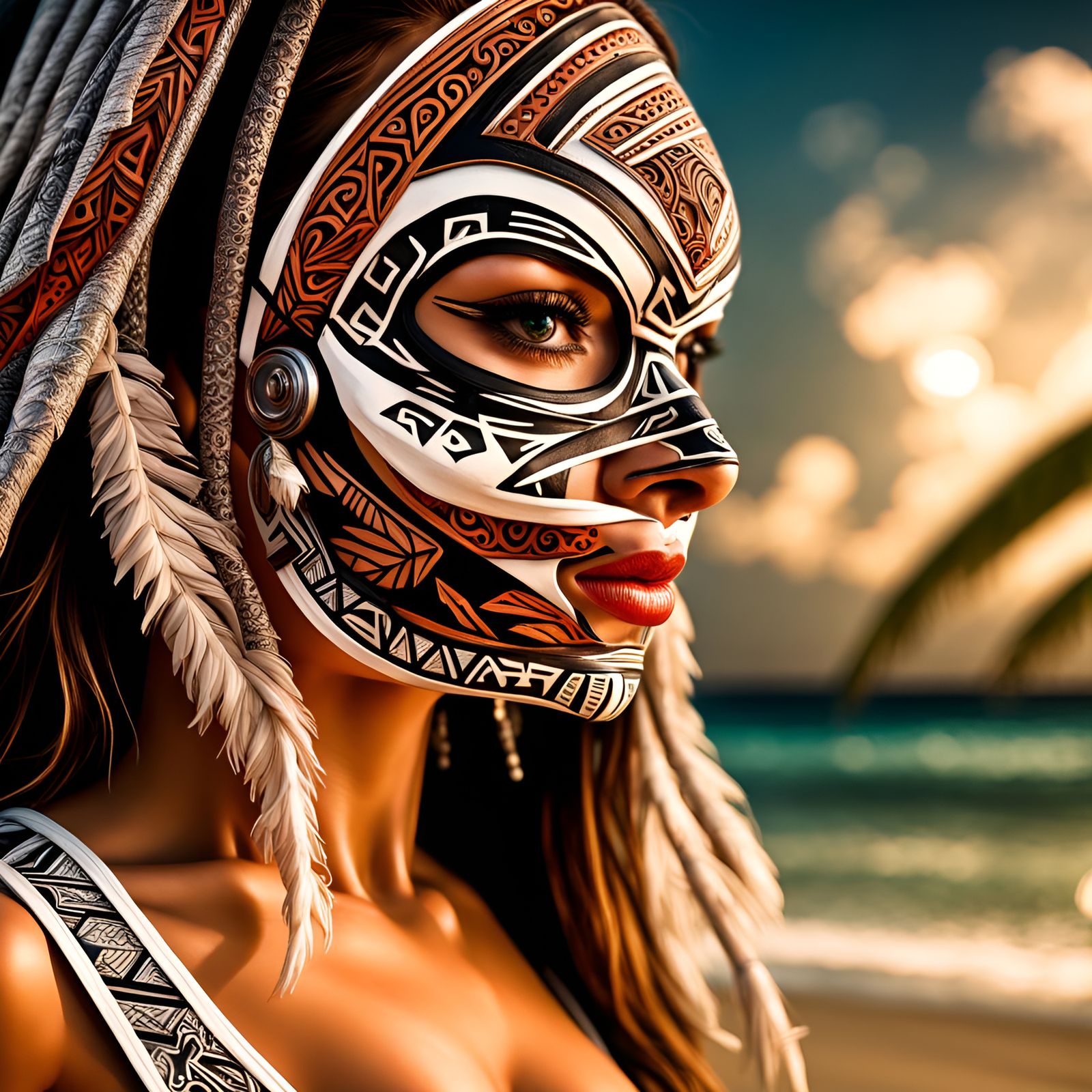 Bikini Woman in Tribal Mask: Hyperrealistic Portrait