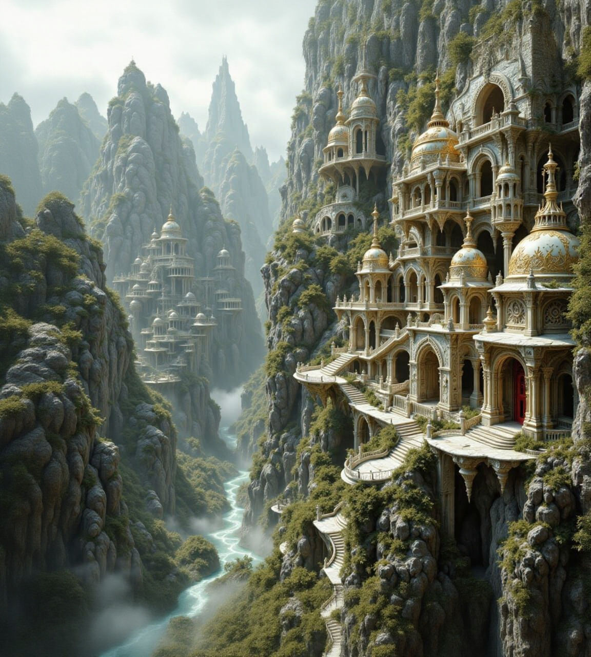 Overgrown Temple City Cascade: Digital Illustration