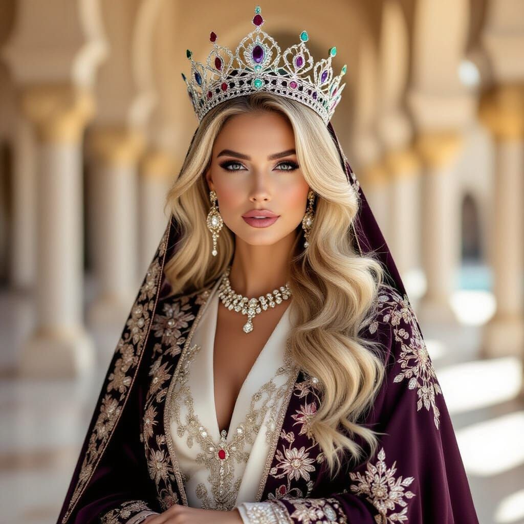 Regal Blonde in Crown and Jewel-Toned Abaya
