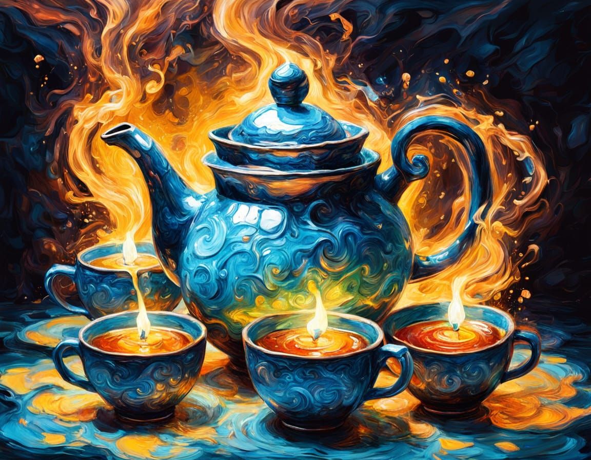 Magical Teapot Pours Glowing Tea in Impasto Style
