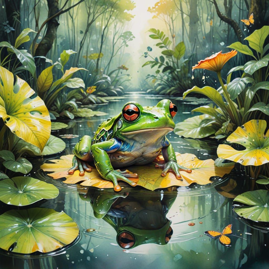 Wizard Frog in Rainforest Pond, Watercolor Style