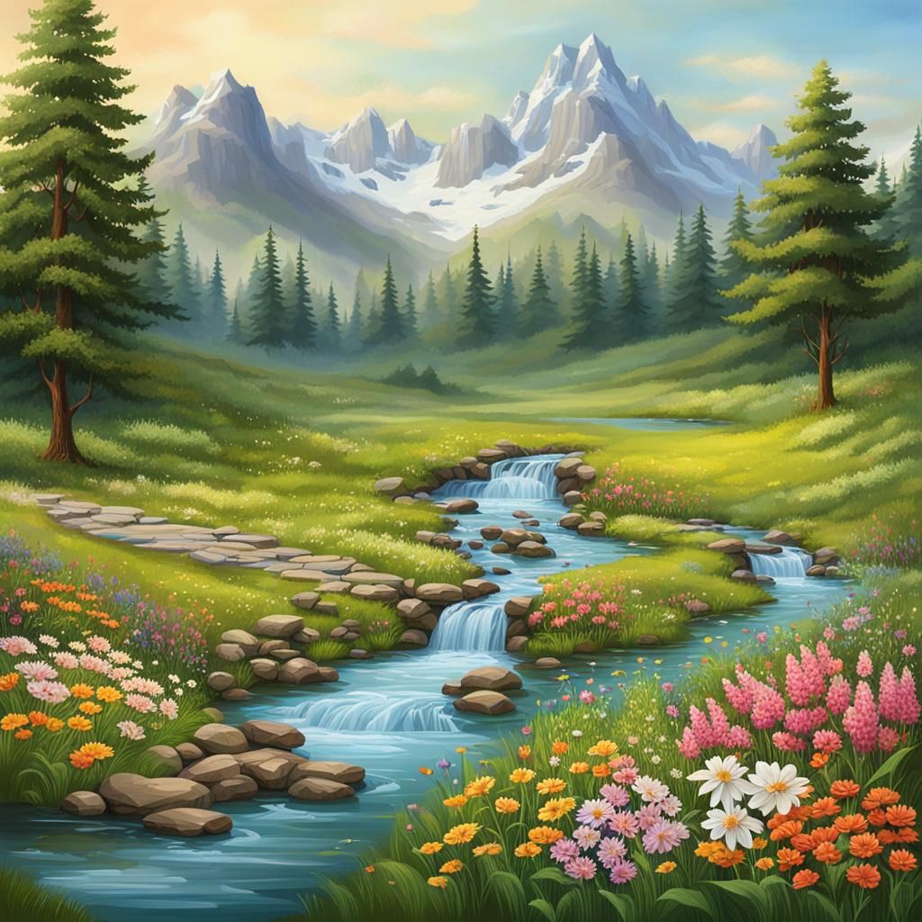 Scenic Meadow Landscape with Stream and Waterfalls