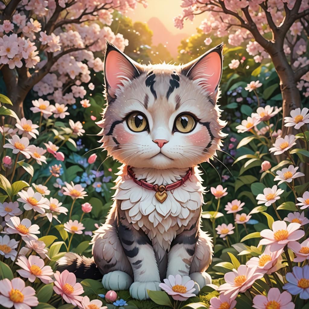 Chibi Cat in Whimsical Garden: 3D Anime Art