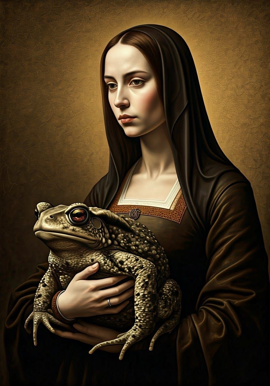 Ethereal Lady Contemplates Majestic Toad in Golden Era Style