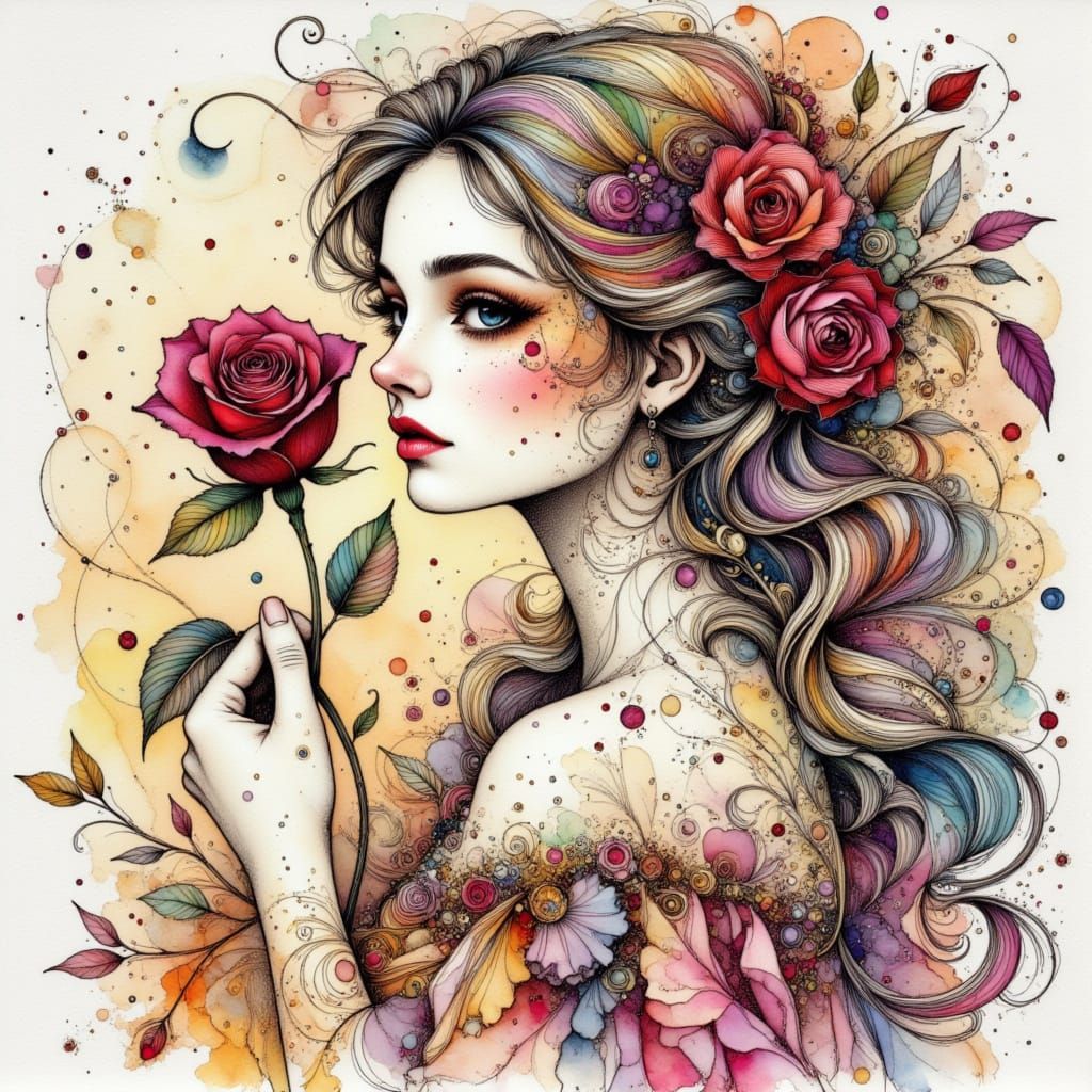 Intricate Pen and Ink Portrait of Belle with Rose