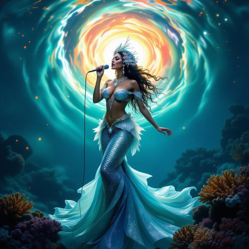 Mermaid Sings on Coral Stage in Surreal Performance