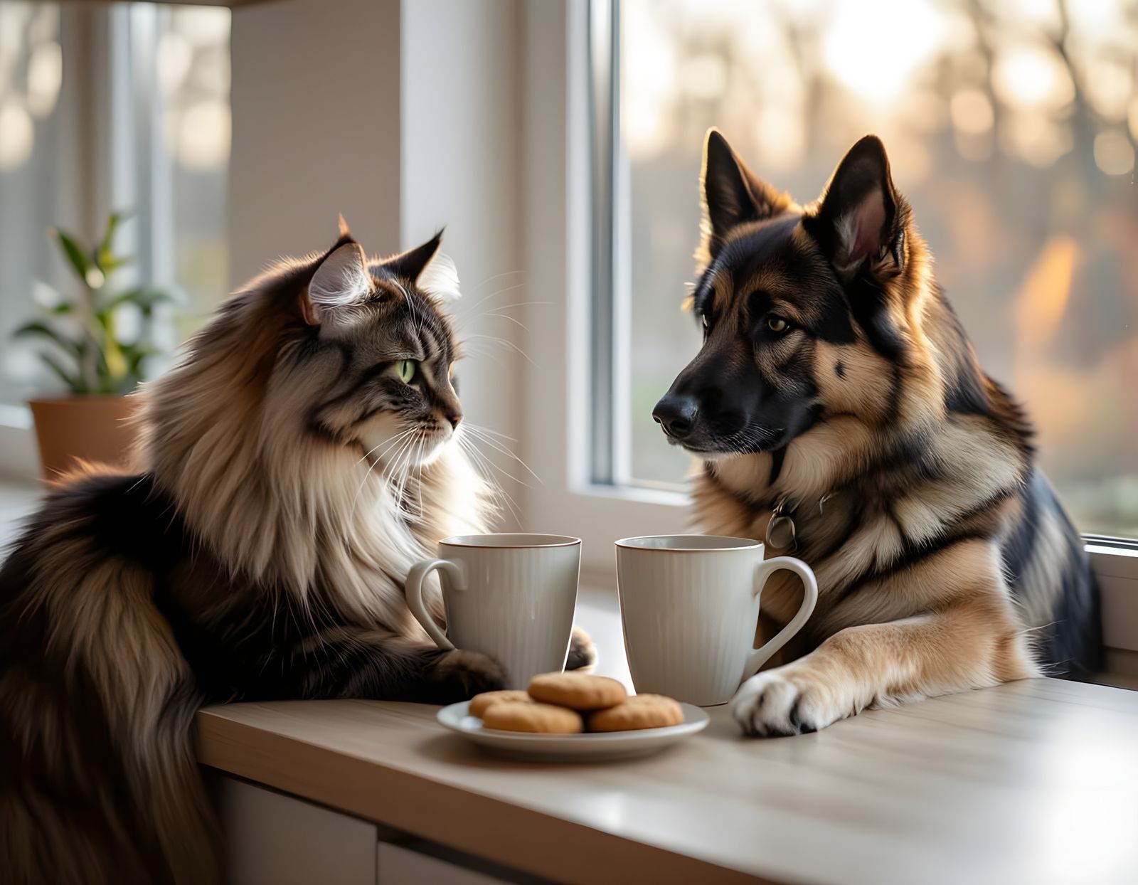 Cat and Dog Enjoy Tea in Scandinavian Kitchen