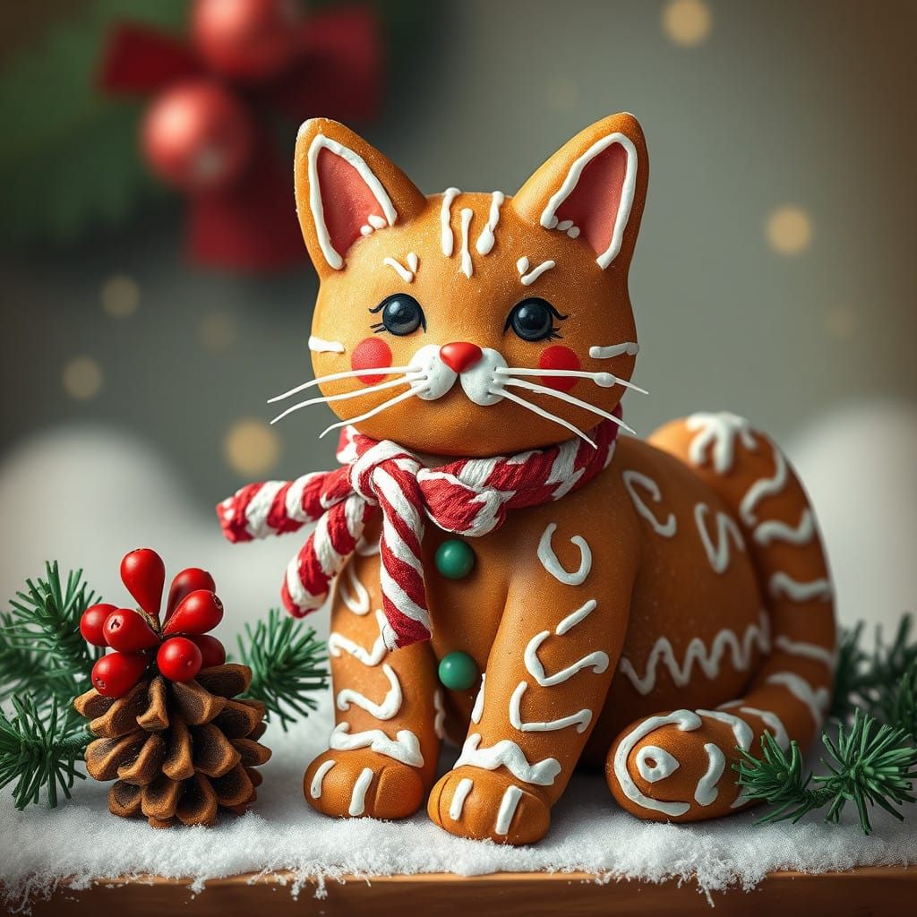 Whimsical Gingerbread Cat Celebrates Christmas