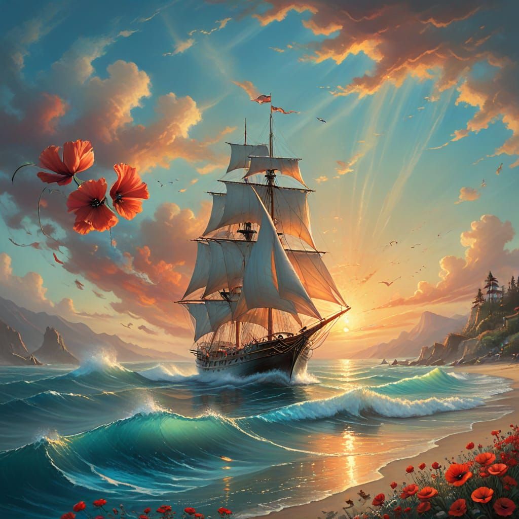 Sailboat at Sunset in Dreamlike Style
