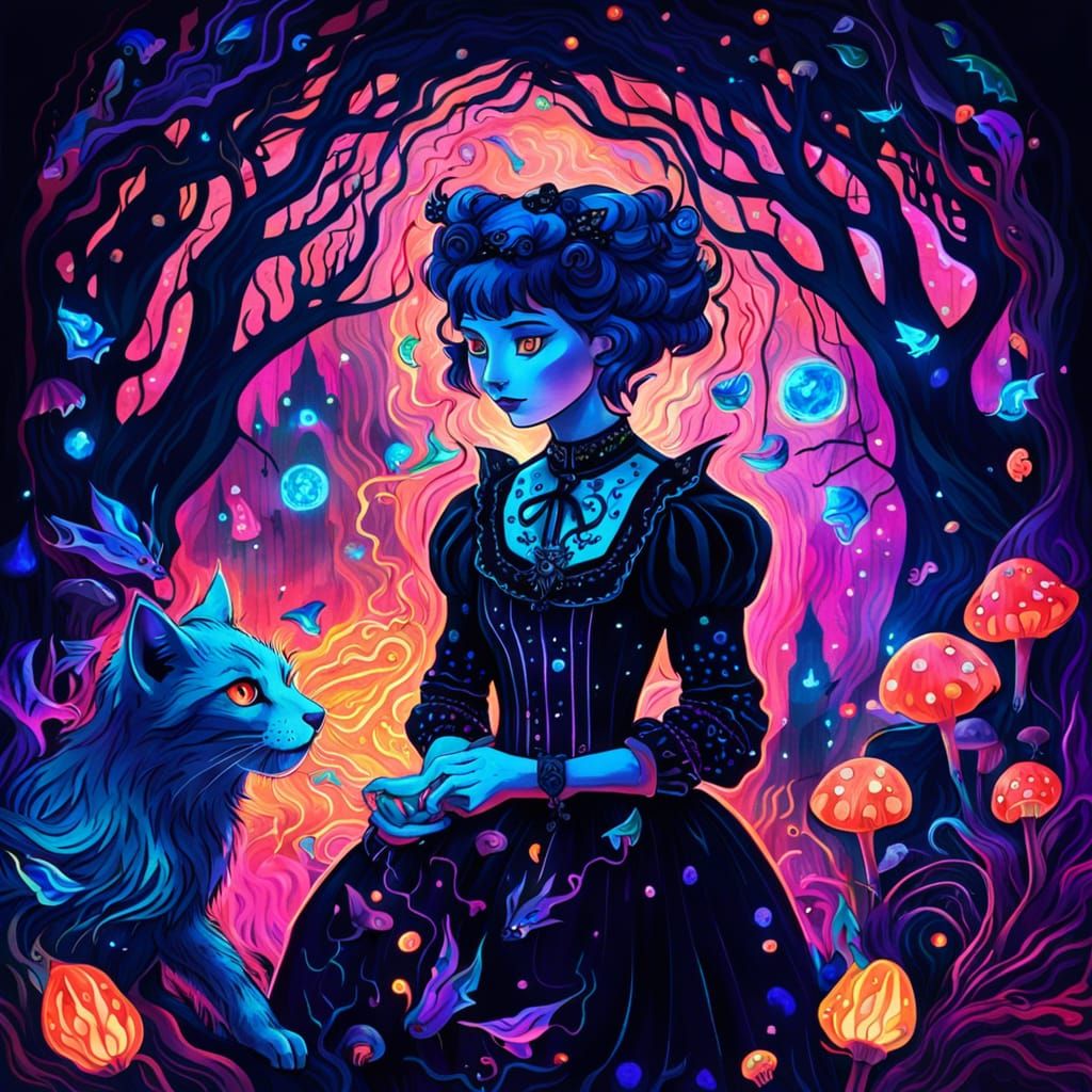 Gothic Cat Girl Plays in Mystical Astral Forest