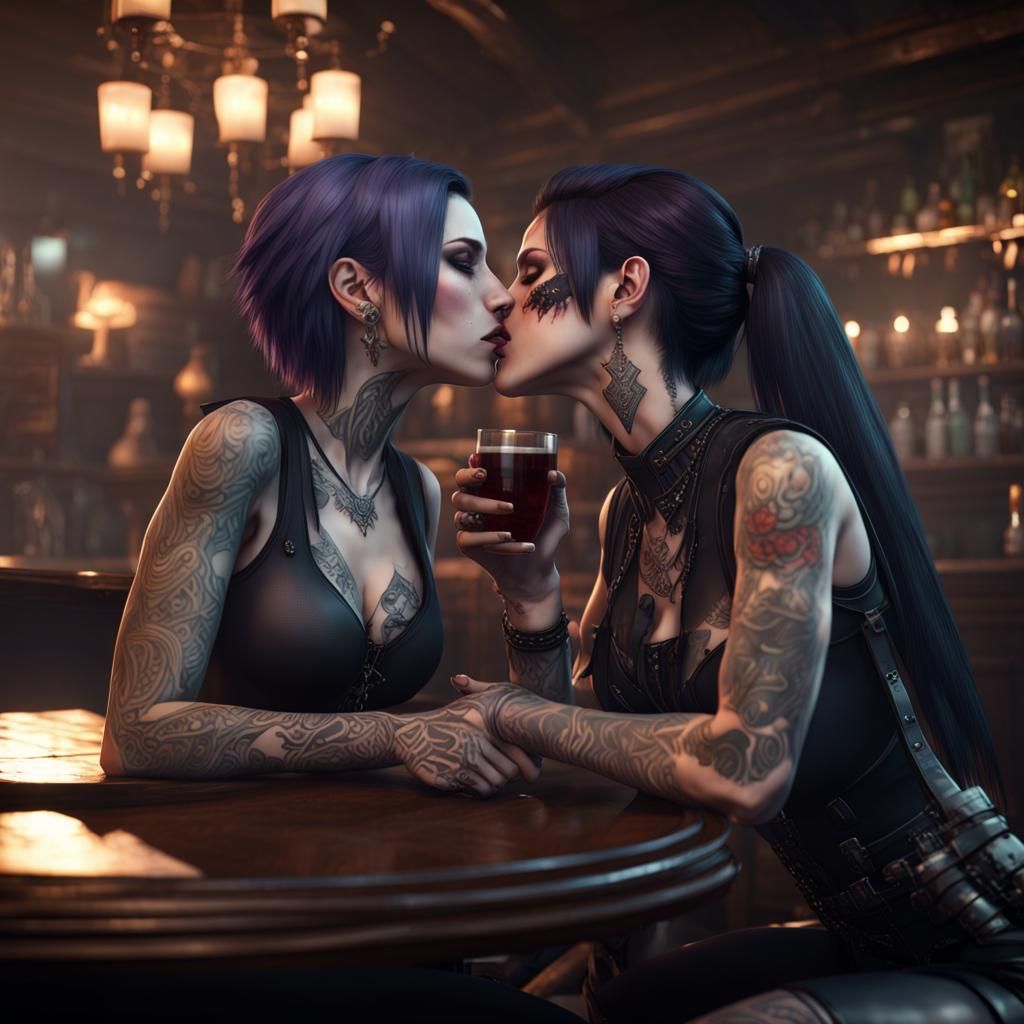 Goth Girls Kissing in Bar, 3D Game Art