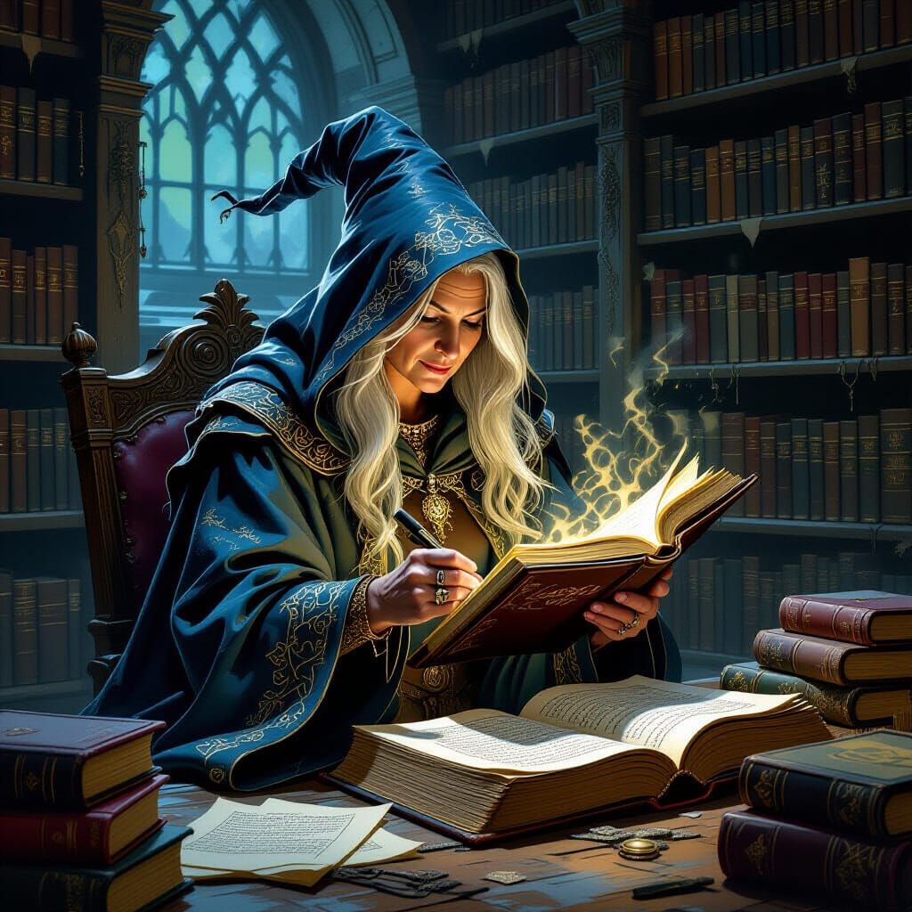 Mystical Old Female Wizard in Ancient Library