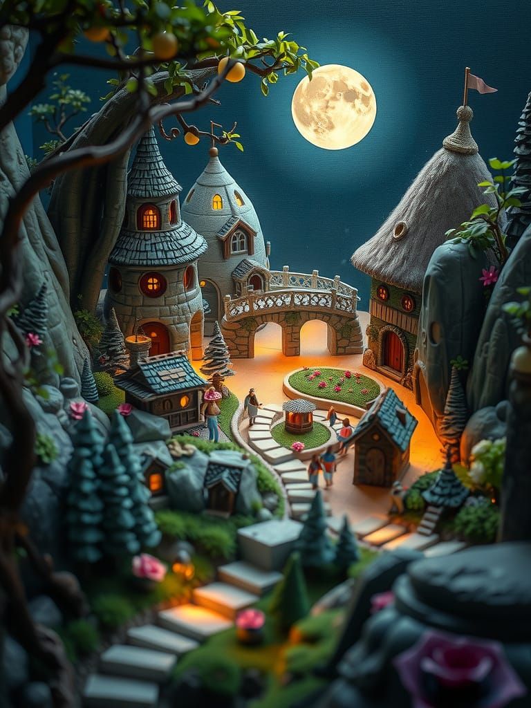 Miniature World Diorama in Watercolor Style