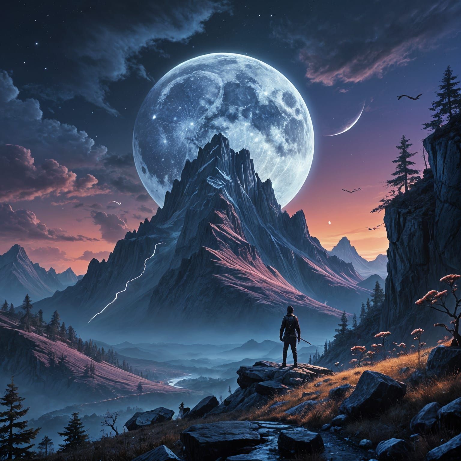 Waning Moonlit Mountain Scene in Deep Fantasy Colors