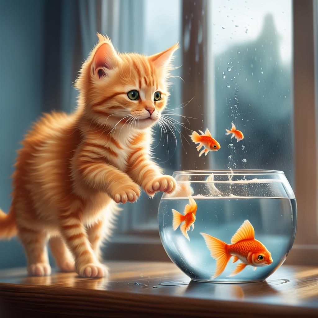 Adorable Kitten Reaching for Goldfish: Splash Art
