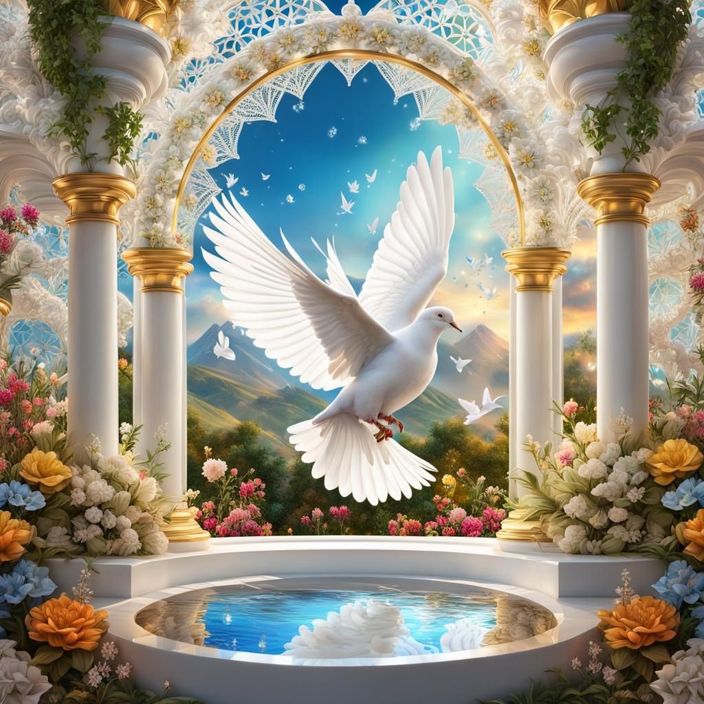 Hyperreal Dove Under Glass Arches in Heaven
