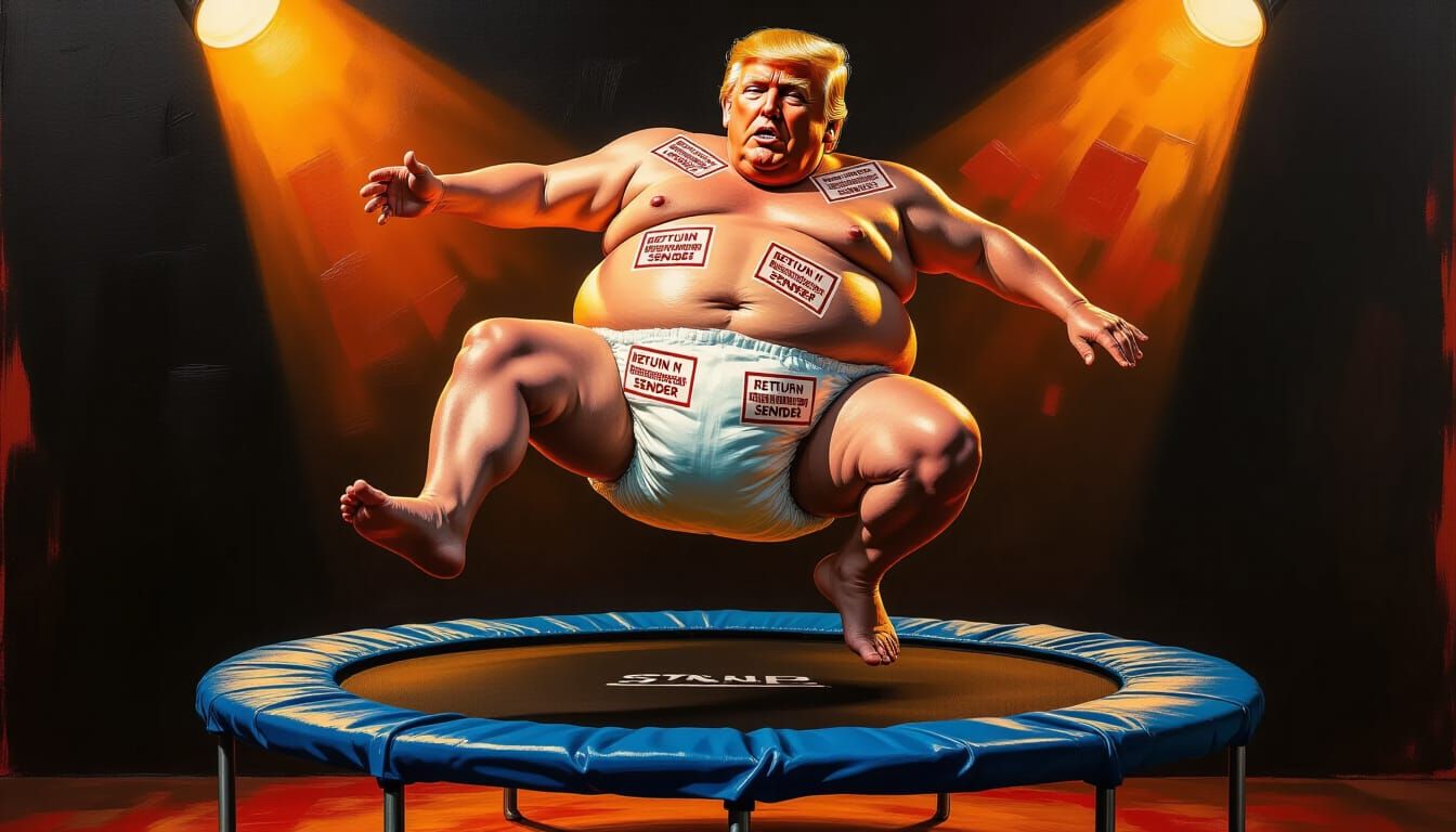 Surreal Trump Figure with Stamps on Trampoline