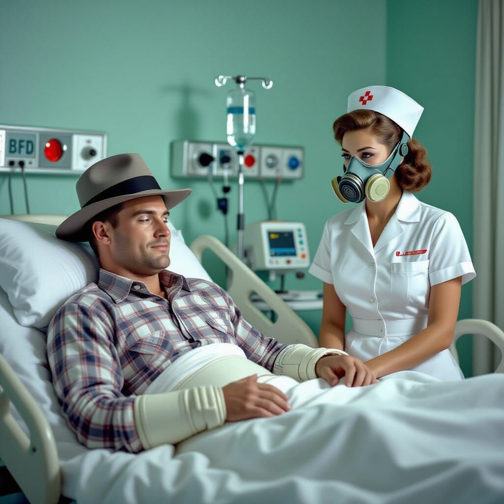 1950s Patient with Futuristic Nurse in Retro Hospital