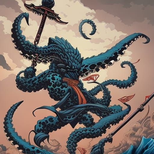 Samurai Octopus in Hokusai Style