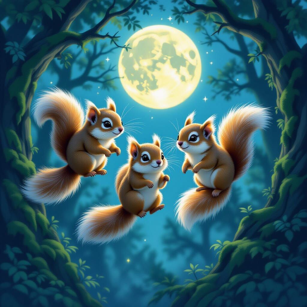 Three Adorable Flying Squirrels in Moonlit Forest