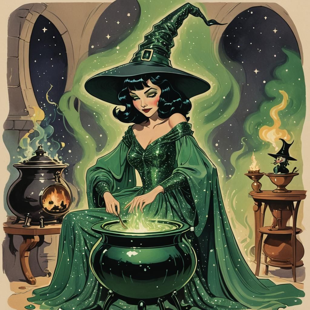 Retro Witch Inspecting Mystical Cauldron