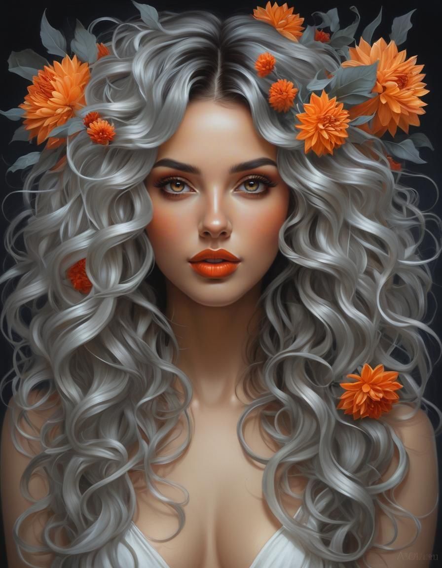 Goddess with Dahlias: Dark Fantasy Oil Painting