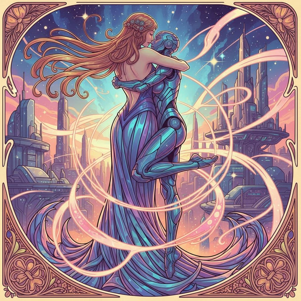 Woman Embraces Dancer with Legs, Art Nouveau & Futuristic St...