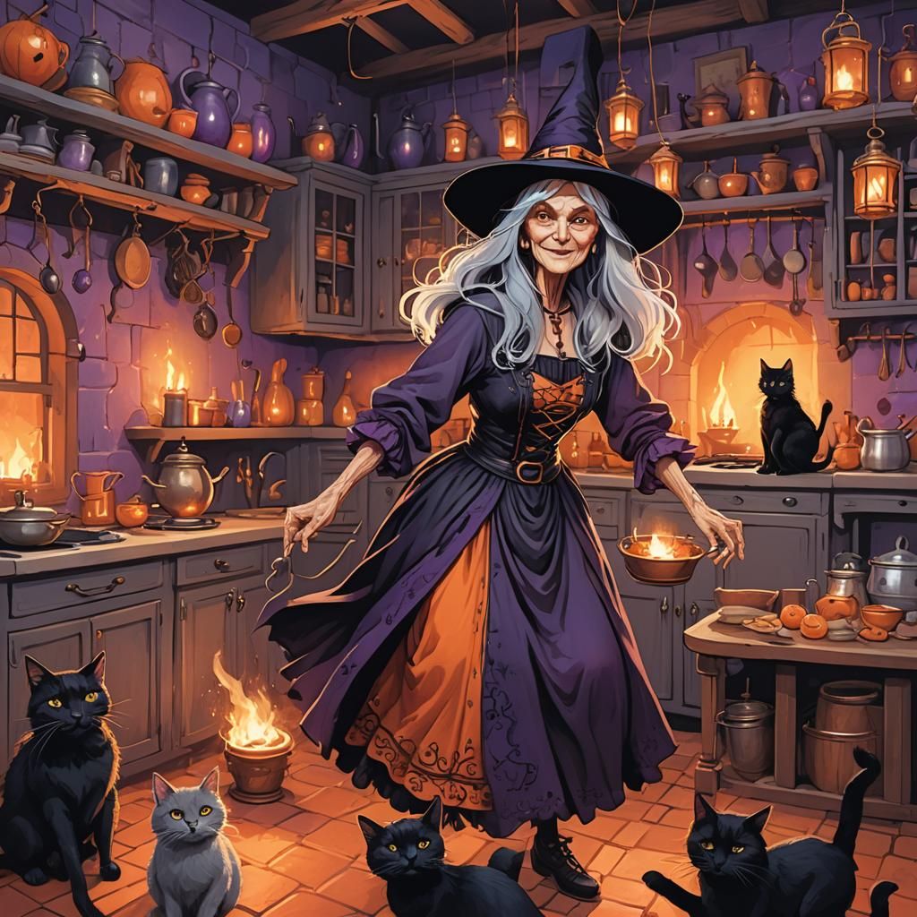 Whimsical Witch Dances in Halloween Kitchen