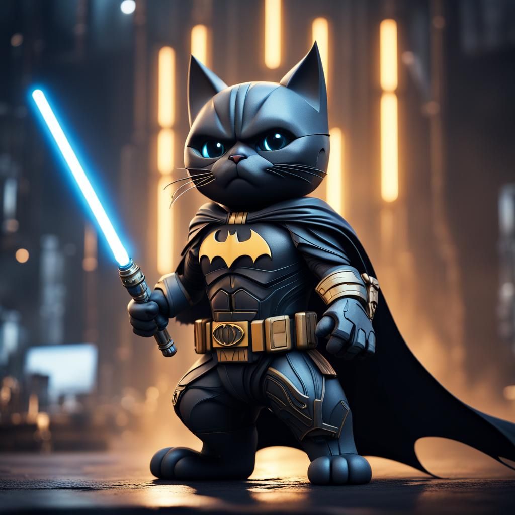 Batman Cat with Lightsaber in Detailed Digital Art