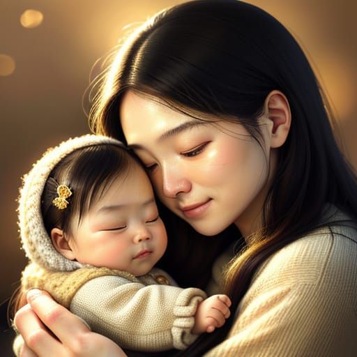 Tender Motherly Love in Warm Oil Painting Style