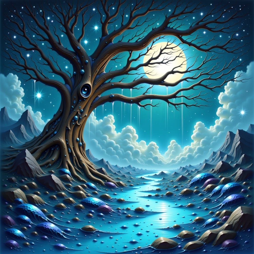 Moonlight Tears from a Constellation Tree in Watercolor