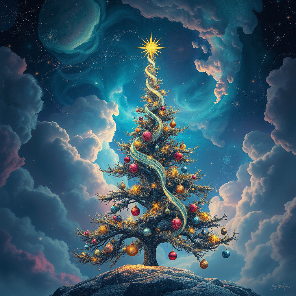 Celestial Christmas Tree in Dreamlike Night Sky
