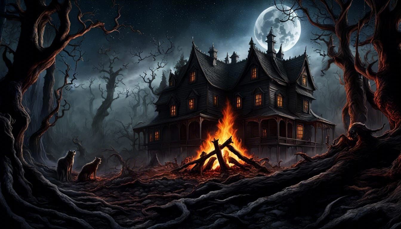 Haunted Forest Landscape with Campfire and Galaxy