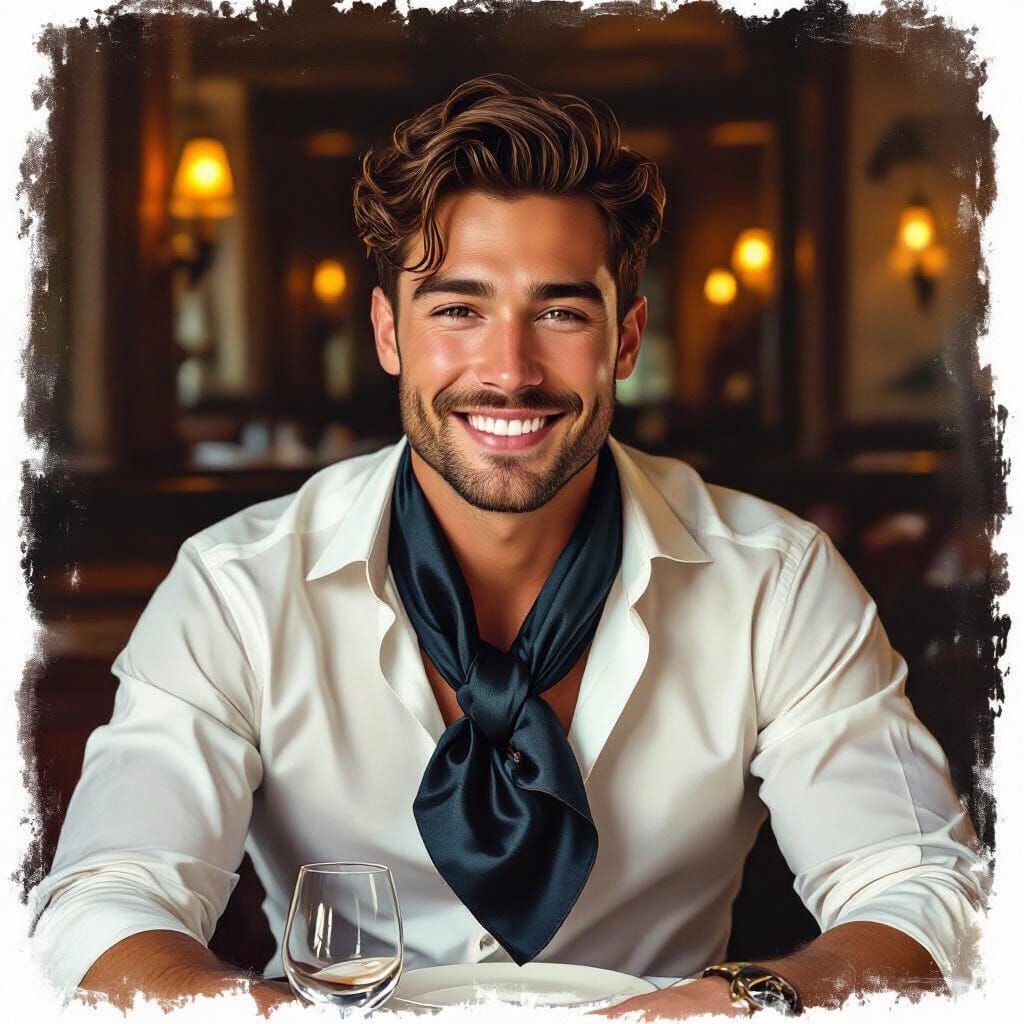 Elegant Man in Ascot Scarf in Dimly Lit Restaurant