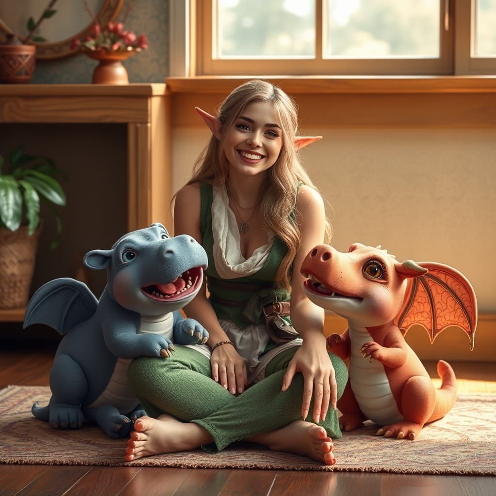 Elf Laughing with Hippo and Dragon