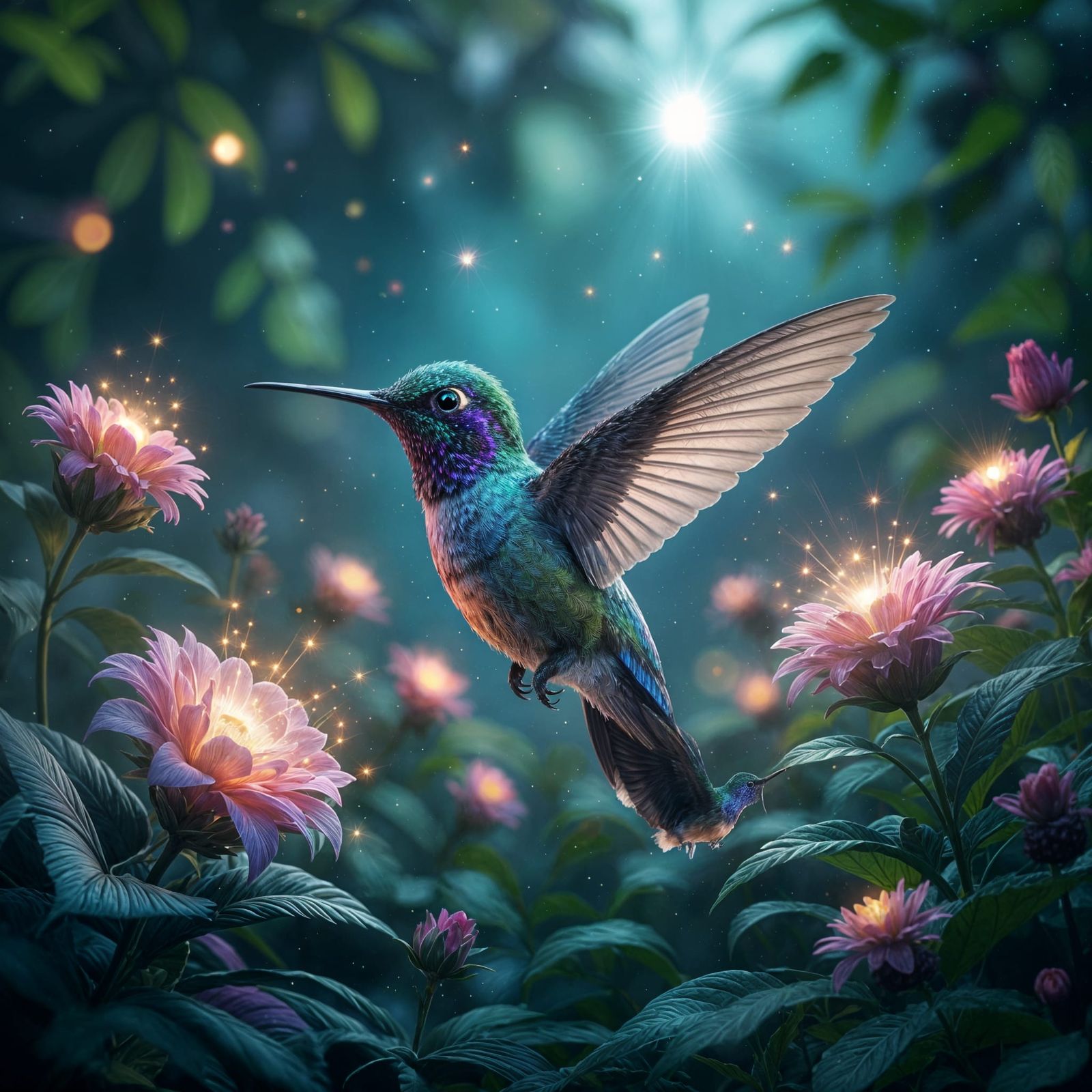 Bioluminescent Hummingbird in Alien Garden, Hyperrealistic S...