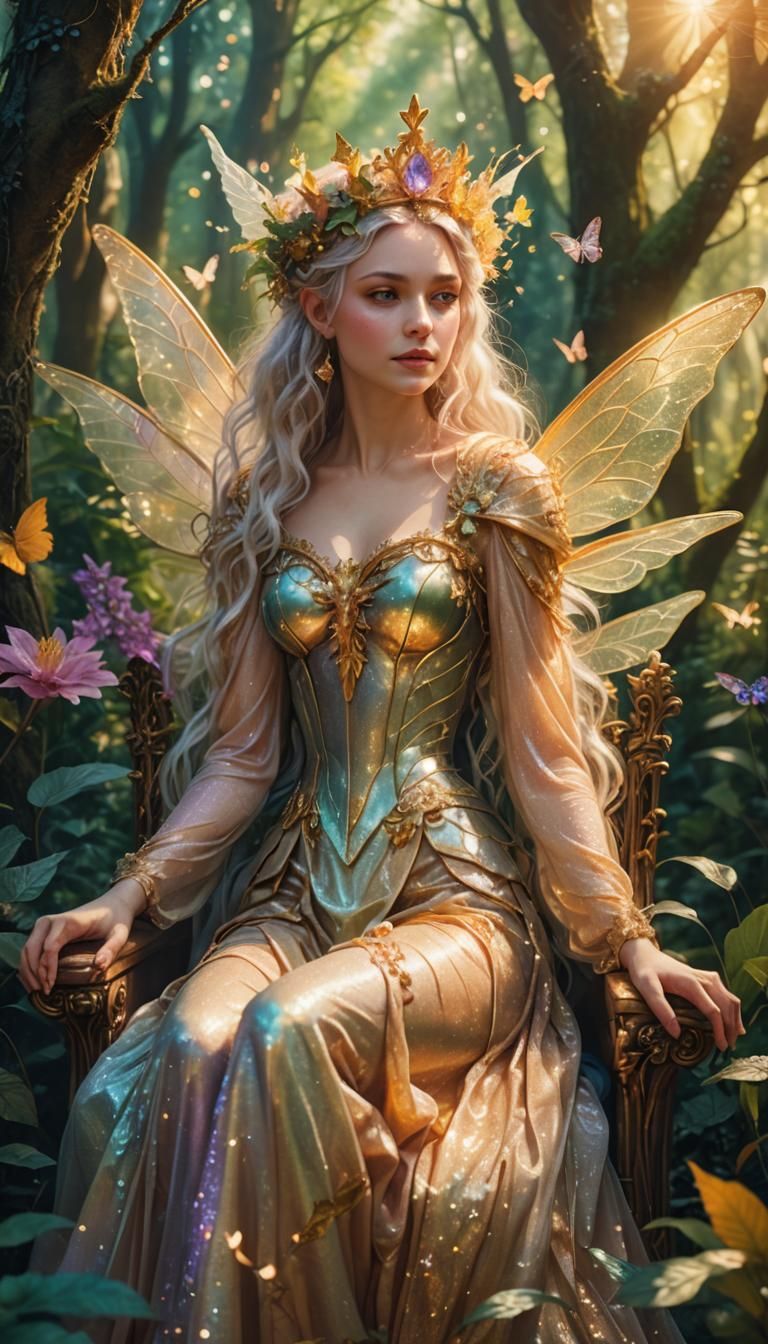 Fairy Queen on Forest Throne: Whimsical Illustration