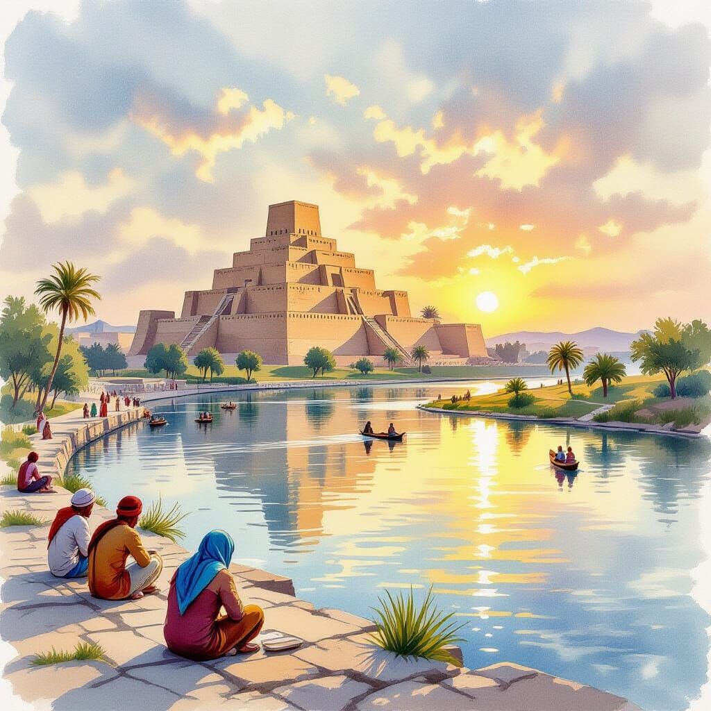 Babylonian Ziggurat by the Rivers: Watercolor Painting