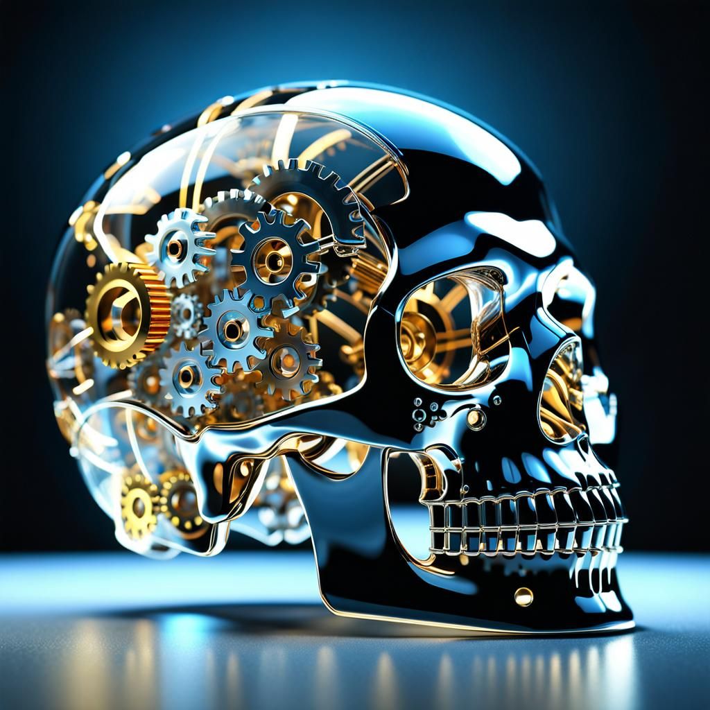 Transparent Glass Skull with Gears: 3D Render