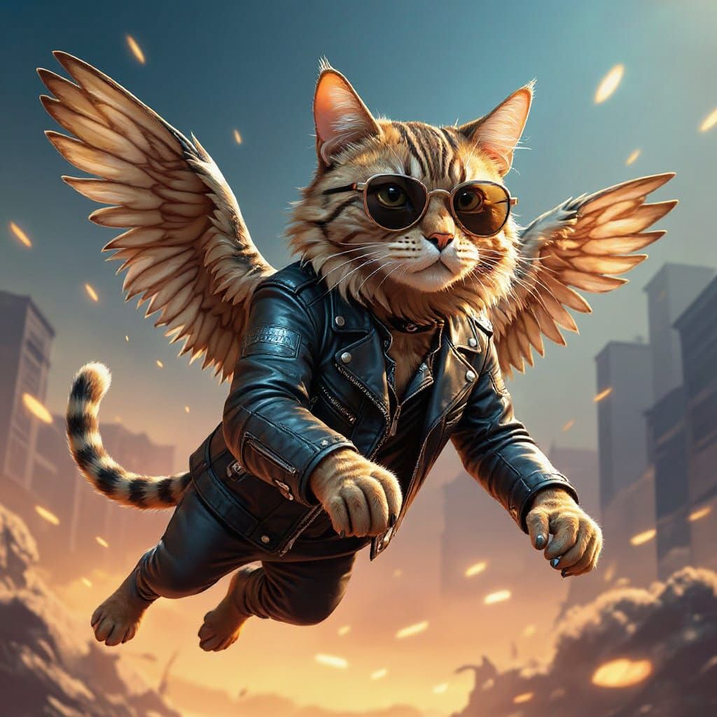Whimsical Flying Cat Generated by AI