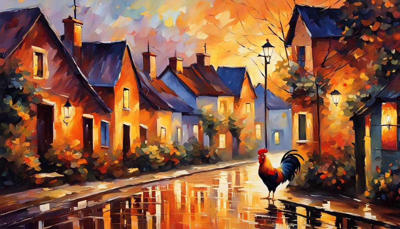 Rooster in Village: Impressionist Painting in Afremov Style